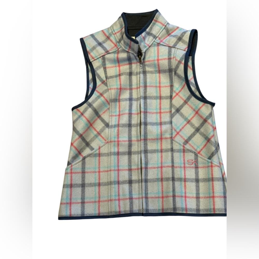 Stormy Kromer Womens Medium Gray Plaid Wool Blend Plaid Vest with Black Trim USA